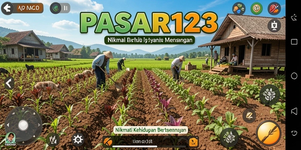 Screenshot permainan PASAR123 menunjukan ladang indah dengan berbagai tanaman yang siap panen.